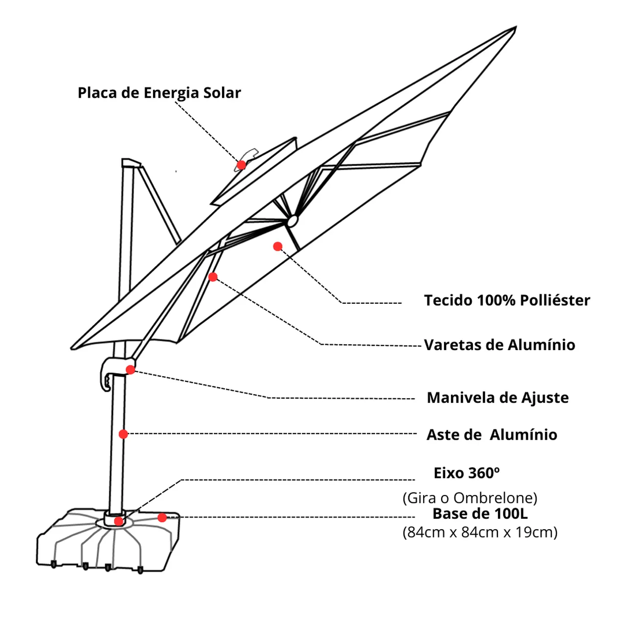 Ombrelone Guarda Sol Gold Led Alumínio 3,0 x 3,0 C/ Base em 100 L
