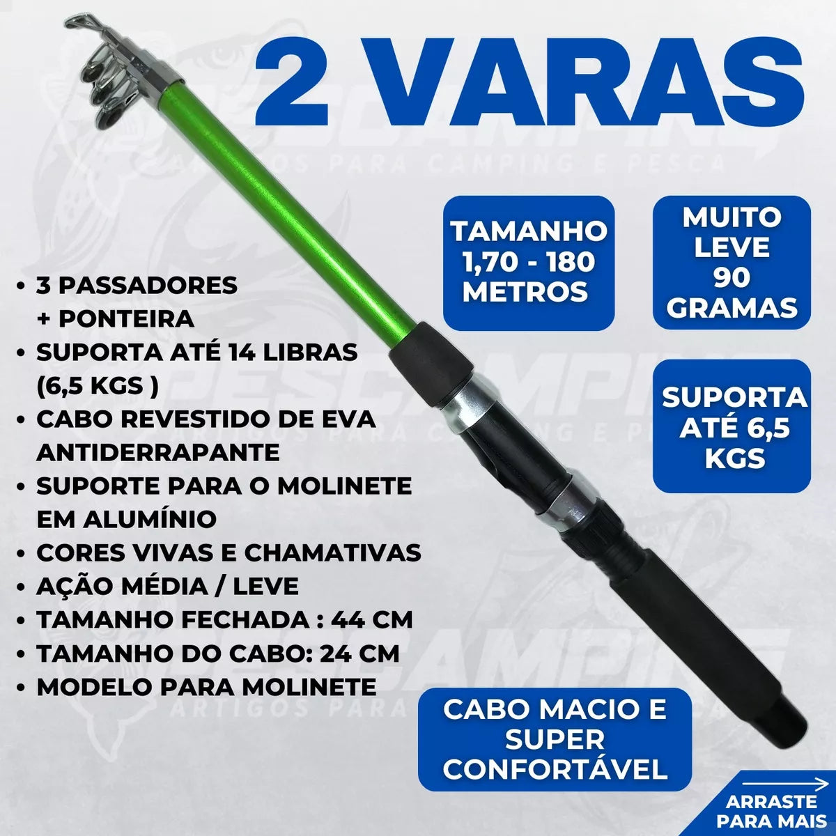 Kit Pesca Completo 2 Varas Fibra de Vidro e 2 Molinetes Leve com Linha Estojo e Maleta com Acessórios