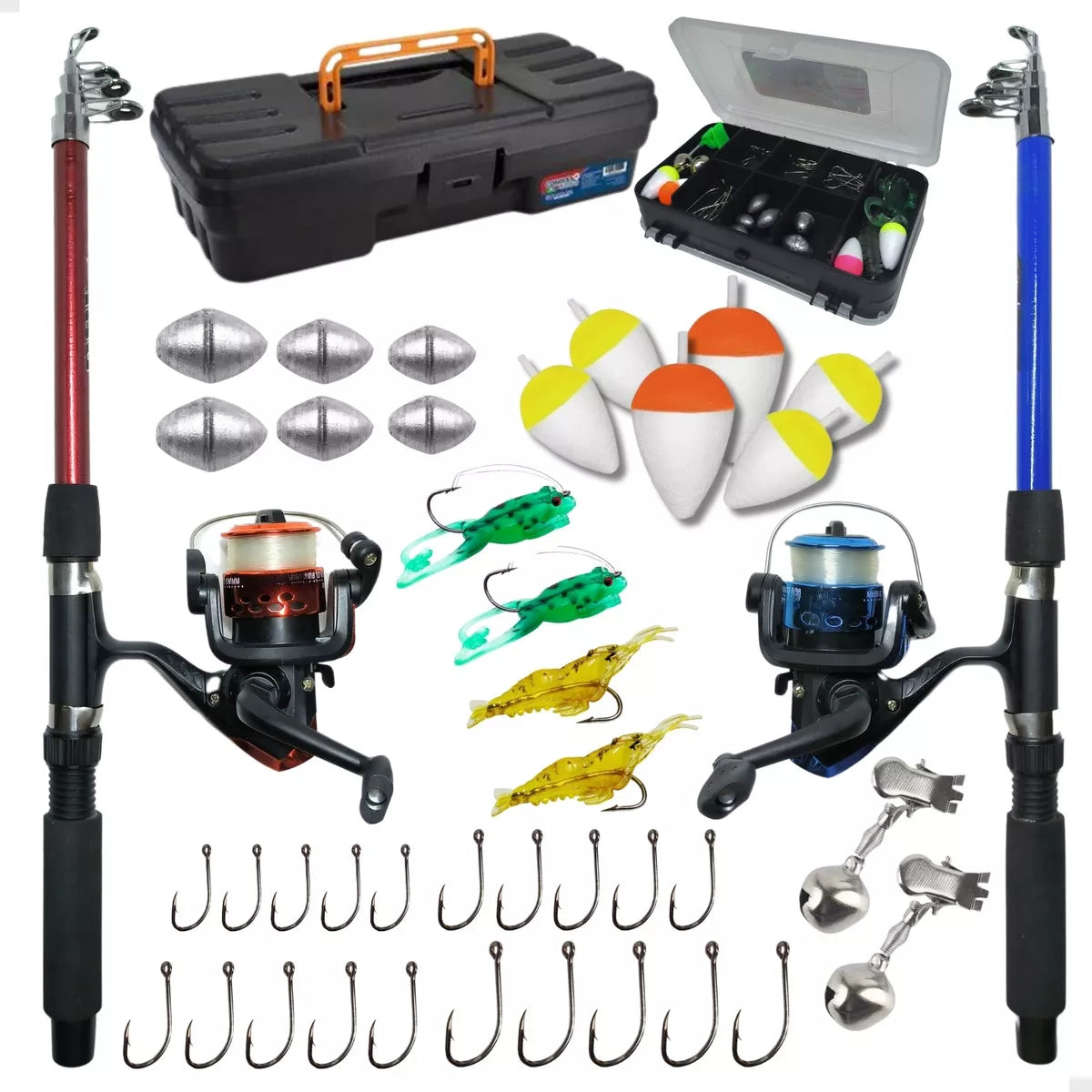 Kit Pesca Completo 2 Varas Fibra de Vidro e 2 Molinetes Leve com Linha Estojo e Maleta com Acessórios