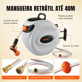 Mangueira Retrátil Carretel VEVOR 40m x 1/2" com Suporte de Parede Giratório 180°, Bico com 9 Jatos e Enrolamento Automático – Para Jardim, Quintal, Lavagem de Carros