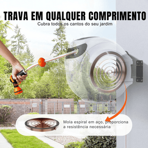 Mangueira Retrátil Carretel VEVOR 40m x 1/2" com Suporte de Parede Giratório 180°, Bico com 9 Jatos e Enrolamento Automático – Para Jardim, Quintal, Lavagem de Carros
