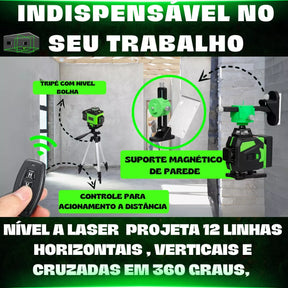 Kit Nível Laser Verde 12 Linhas 40m com Tripé + Esquadro + Suporte -  Recarregável C/ Controle