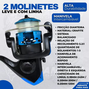 Kit Pesca Completo 2 Varas Fibra de Vidro e 2 Molinetes Leve com Linha Estojo e Maleta com Acessórios